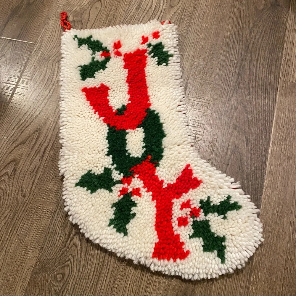 Vintage “Joy” Latch Hook Yarn Design with Holly Accents and Red Corduroy